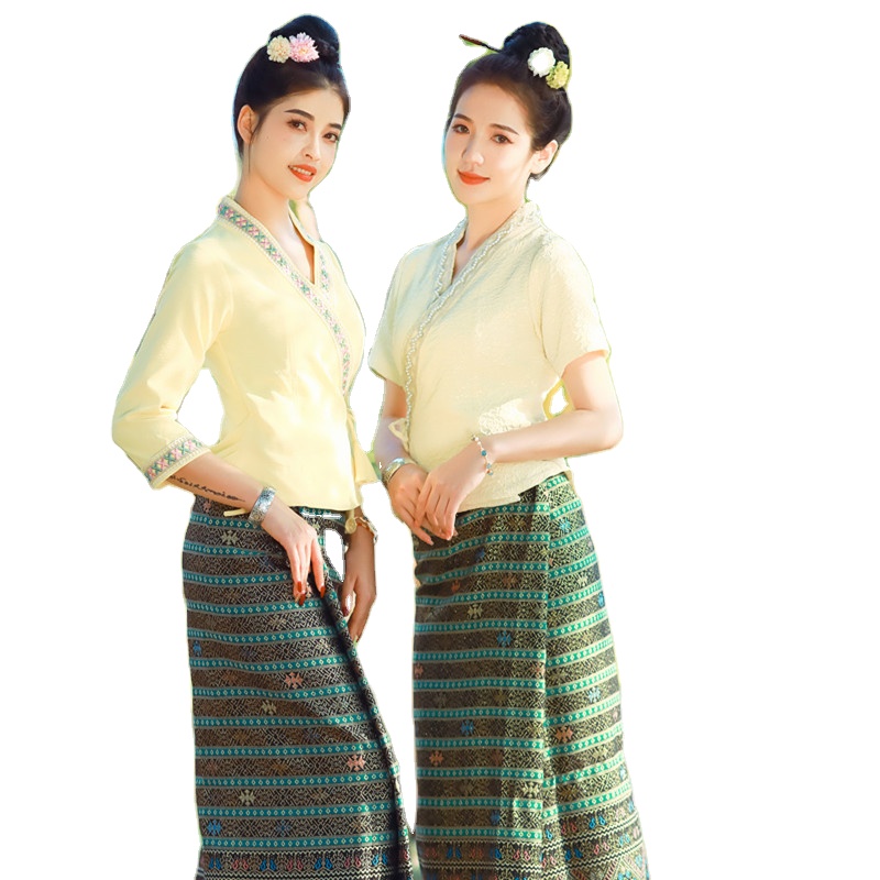 라이트 옐로우 태국 전통 다이 코스튬 블라우스 및 스커 - Thai Silk Blouse 리뷰 및 가격